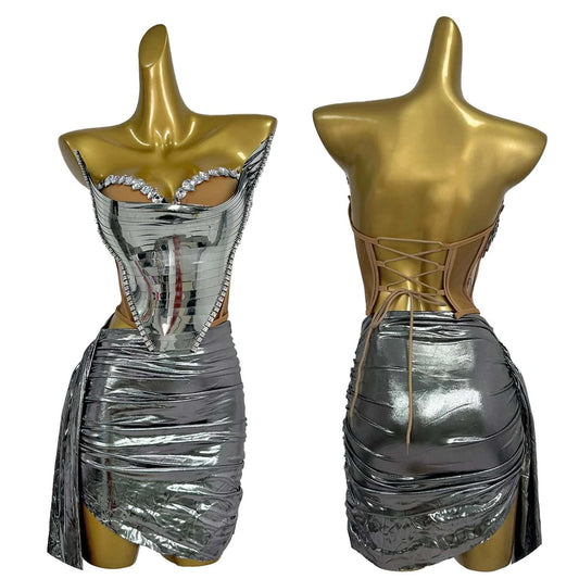 Just Arrived Silver/Golden Color Luxurious Sequins Top + Skirt 2 PCS Set Women Sexy Strapless Silver Party Dress Nightclub Birthday Wedding Celebrate Outfit