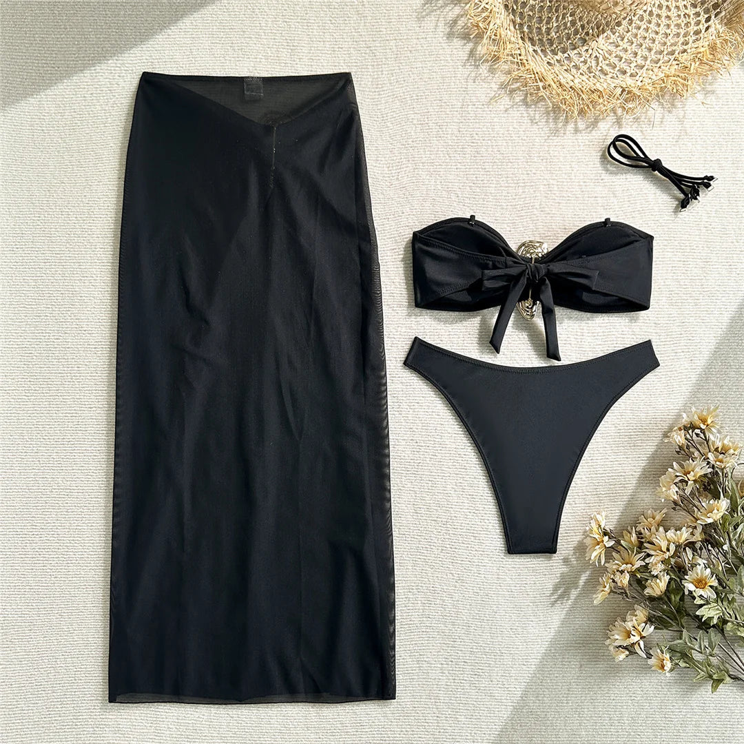 NEW Arrivals 3PCS Set White/Black Color With Skirt Metal Ring Brazilian Bikini Female Swimsuit Women Swimwear Bikini Suit Bather Bathing Suit Swim V6990 Ladies Sexy Beachwear Suit