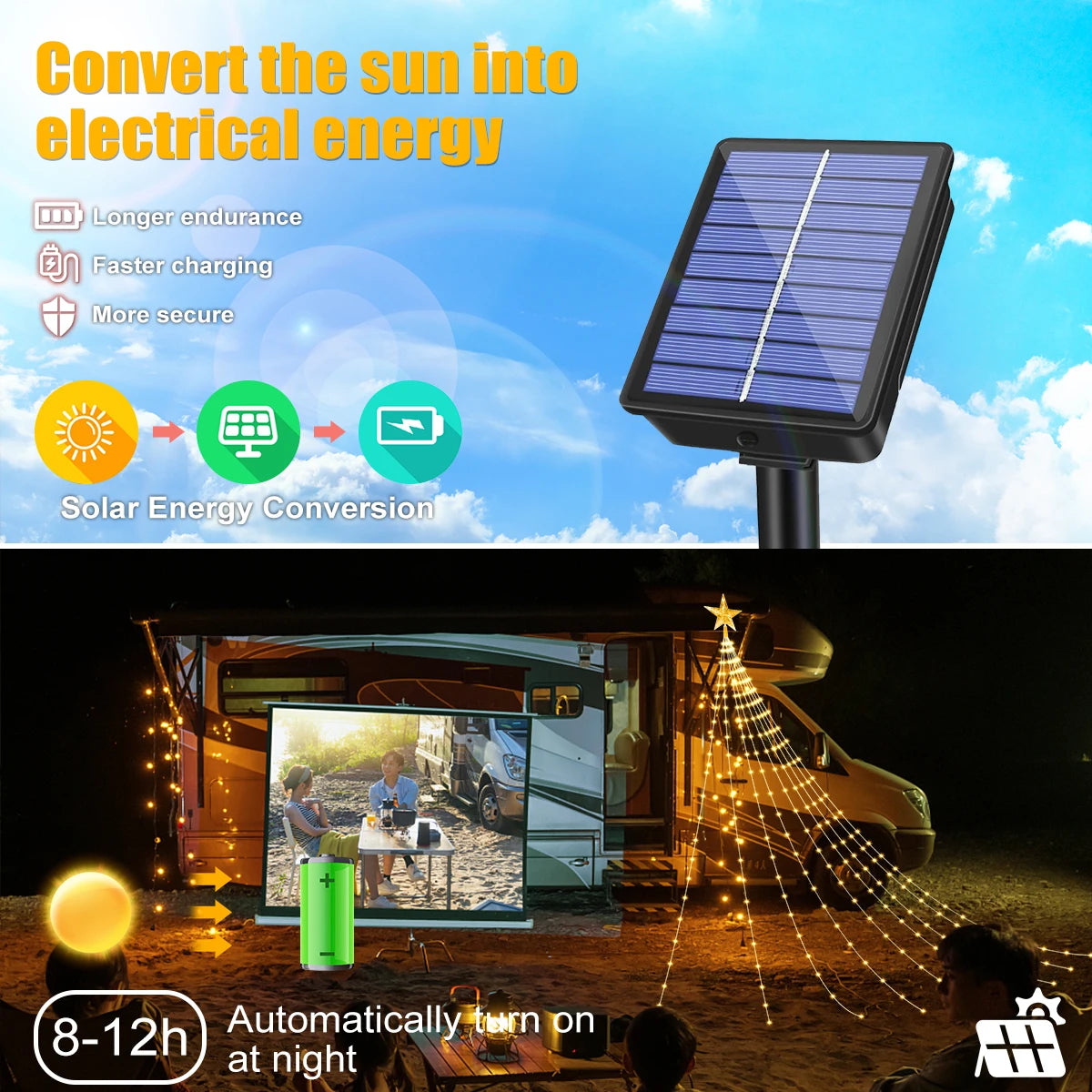 NEW Solar Christmas Decoration Star String Lights 3M 8 Modes Waterfall Christmas Tree Fairy Lights for Outdoor Wedding Holiday