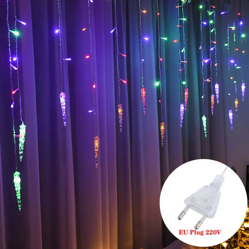 Christmas LED Icicle Fairy Lights with 16 Drops 8 Modes Window Curtain Light Indoor Outdoor Garden Wedding Party String Lights New Year Eve Decoration Supplies