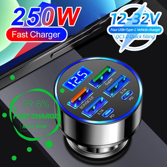 NEW Arrivals 250W 6 Ports PD Car Charger QC3.0 Fast Charge One to Six Car Cigarette Lighter Plug Car Charger Flash Charge with Digital Display