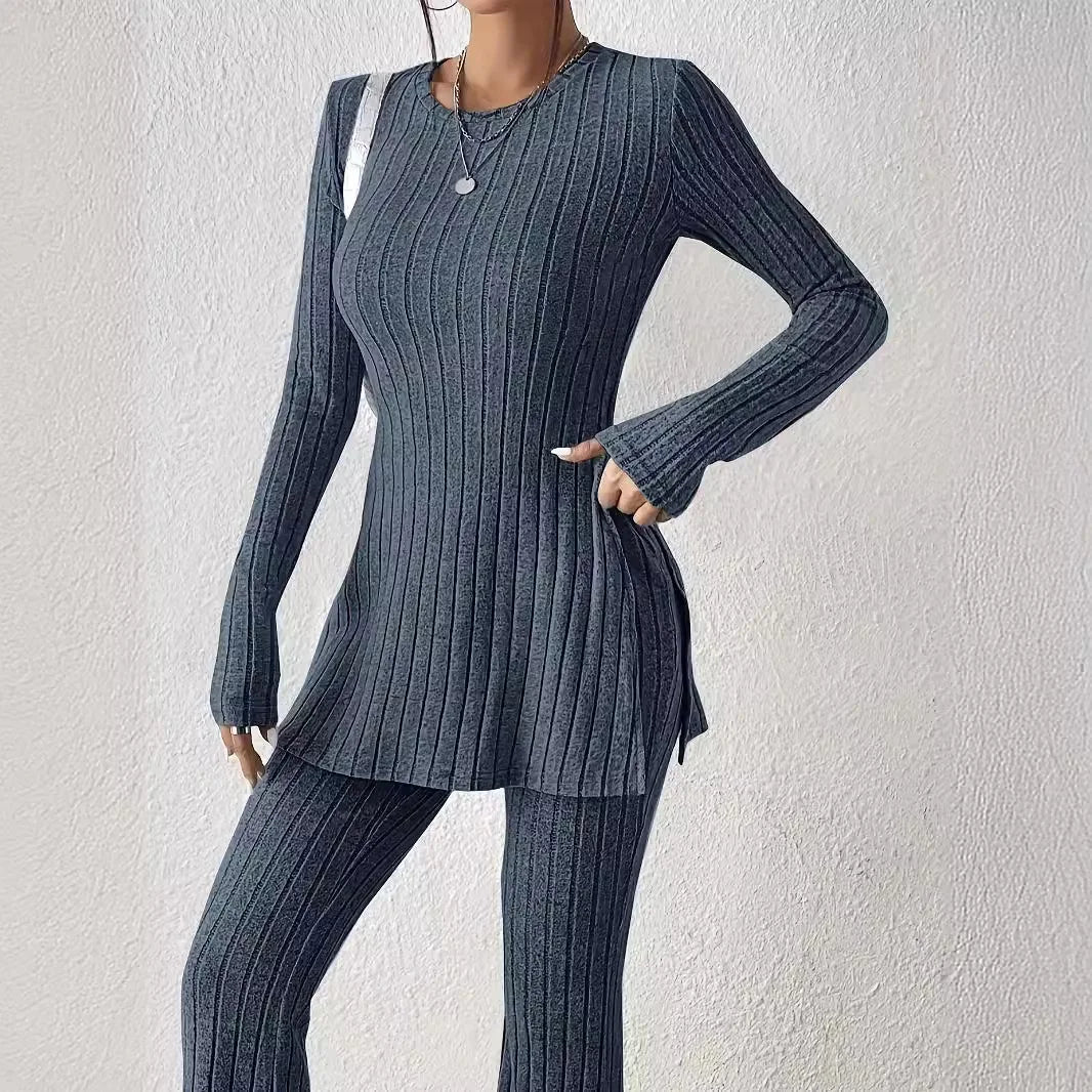 NEW 2PCS Set S-XL UK Size 4 Colors Women Top Straight Pants Suit Split Tops Trousers Ensemble Round Collar Autumn Winter Casual Outfits Female Sports Clothing Supplies