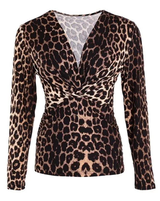 NEW Arrivals Sexy Elegant Cheetah V-Neck Long Sleeve Top Autumn Winter Spring Women Female New Fashion Casual T-Shirt Pullover Evening Party Night Club Tops Ladies Girls Luxury Fashion Clothing Supplies