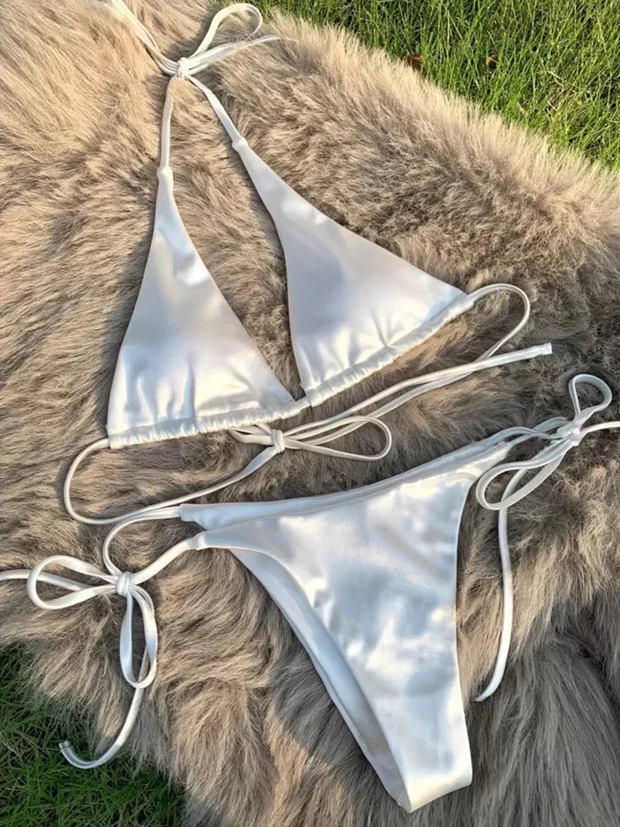 18 Colors UK Size Halter Brazilian Metallic Satin Bikini Women Swimwear Female Swimsuit Two-pieces Bikini Set High Cut Bathing Suit Swim Beachwear