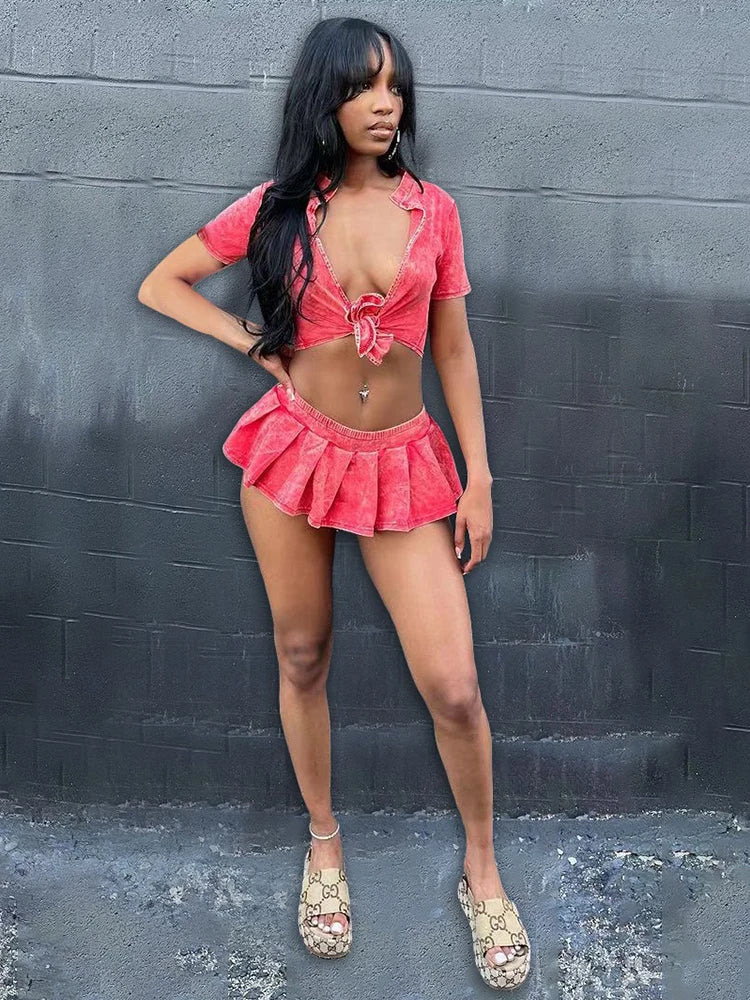 NEW Arrivals 2PCS Set S-XL UK Size Black/Blue/Red Color Sexy Skirt Sets Women Outfit Solid Color Streetwear Summer Outfit Ladies Girls Evening Rave Party Night Club Suit