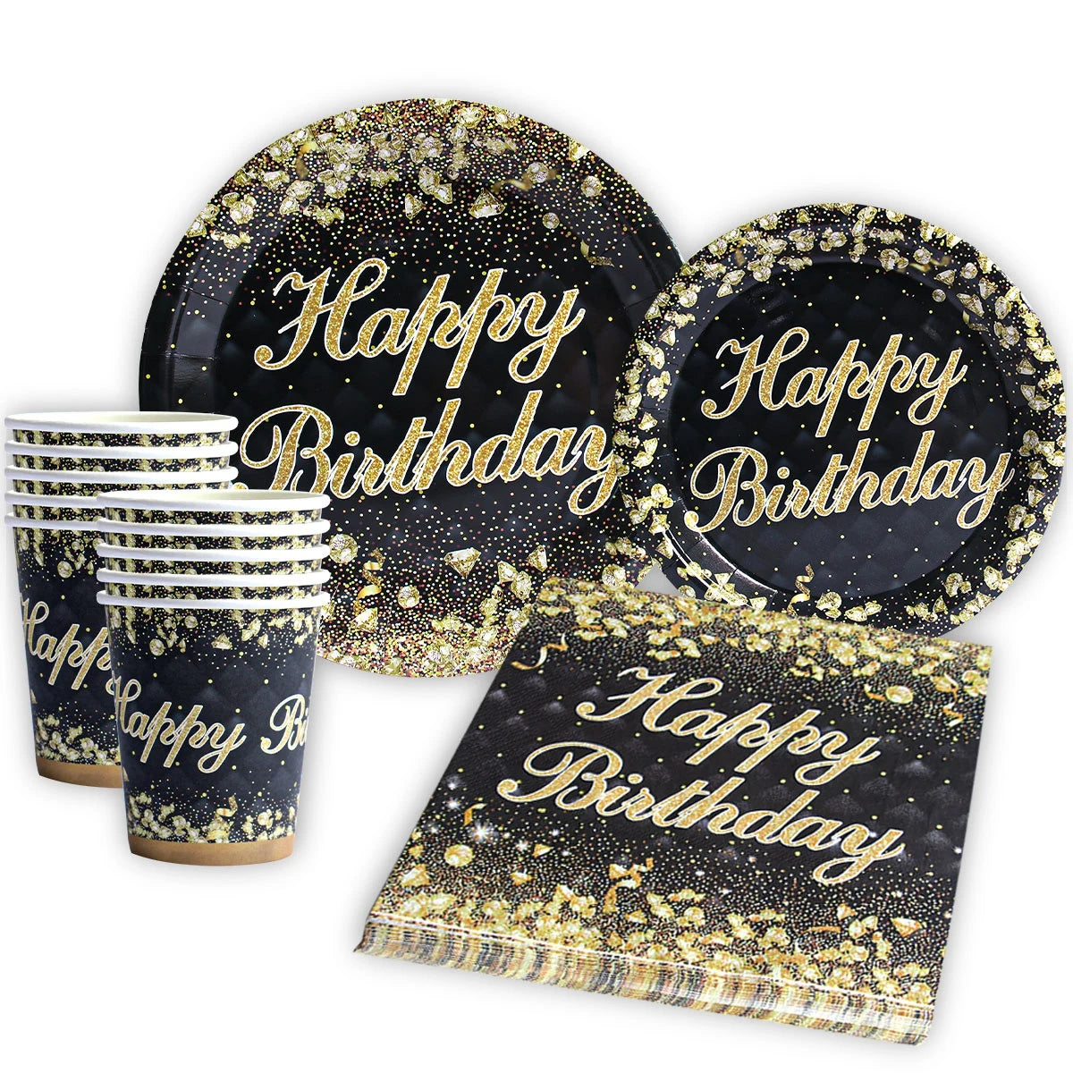 Black Gold Disposable Tableware Paper Plates Cup Happy Birthday Party Decoration 30 40 50 60 Baby Shower Birthday Party Supplies