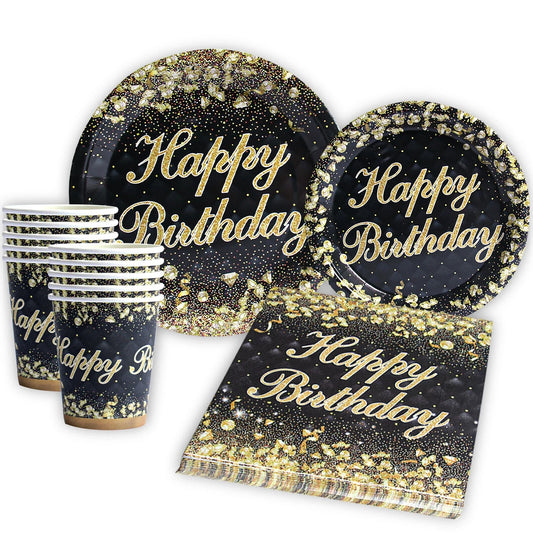 Black Gold Disposable Tableware Paper Plates Cup Happy Birthday Party Decoration 30 40 50 60 Baby Shower Birthday Party Supplies