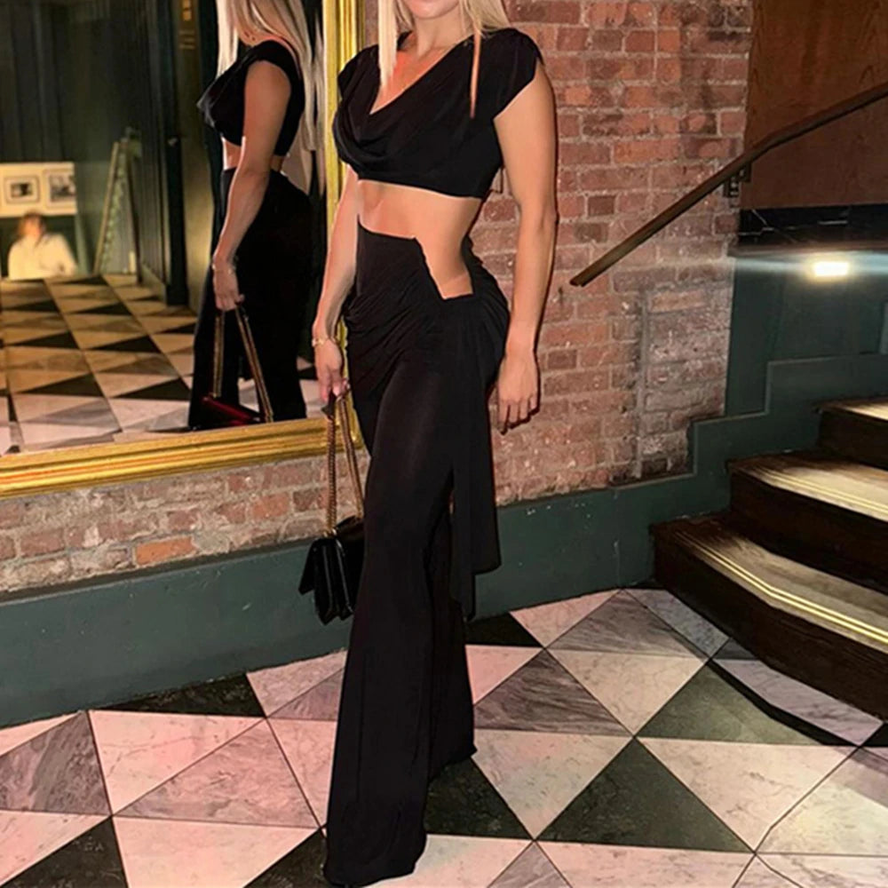 2PCS Set Luxury Night Clubwear Evening Party Streetwear Outfit Suit Women's Girls Slim Set Pile Collar Sleeveless Crop Top And High Waist Pants 2025 Spring Tracksuit Female Ladies Luxury Sexy Fashion Clothing Supplies