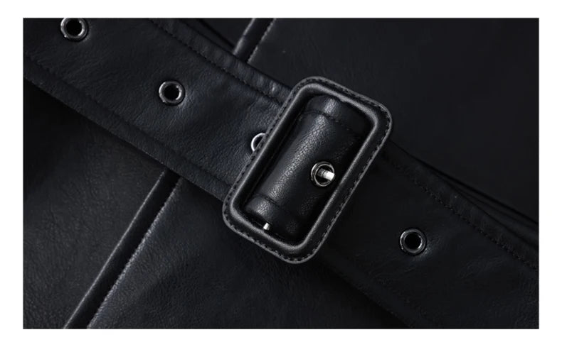 S-XL Size  Spring Autumn Extra Long Black PU Leather Trench Coat for Women with Back High Slit Luxury Chic European Fashion