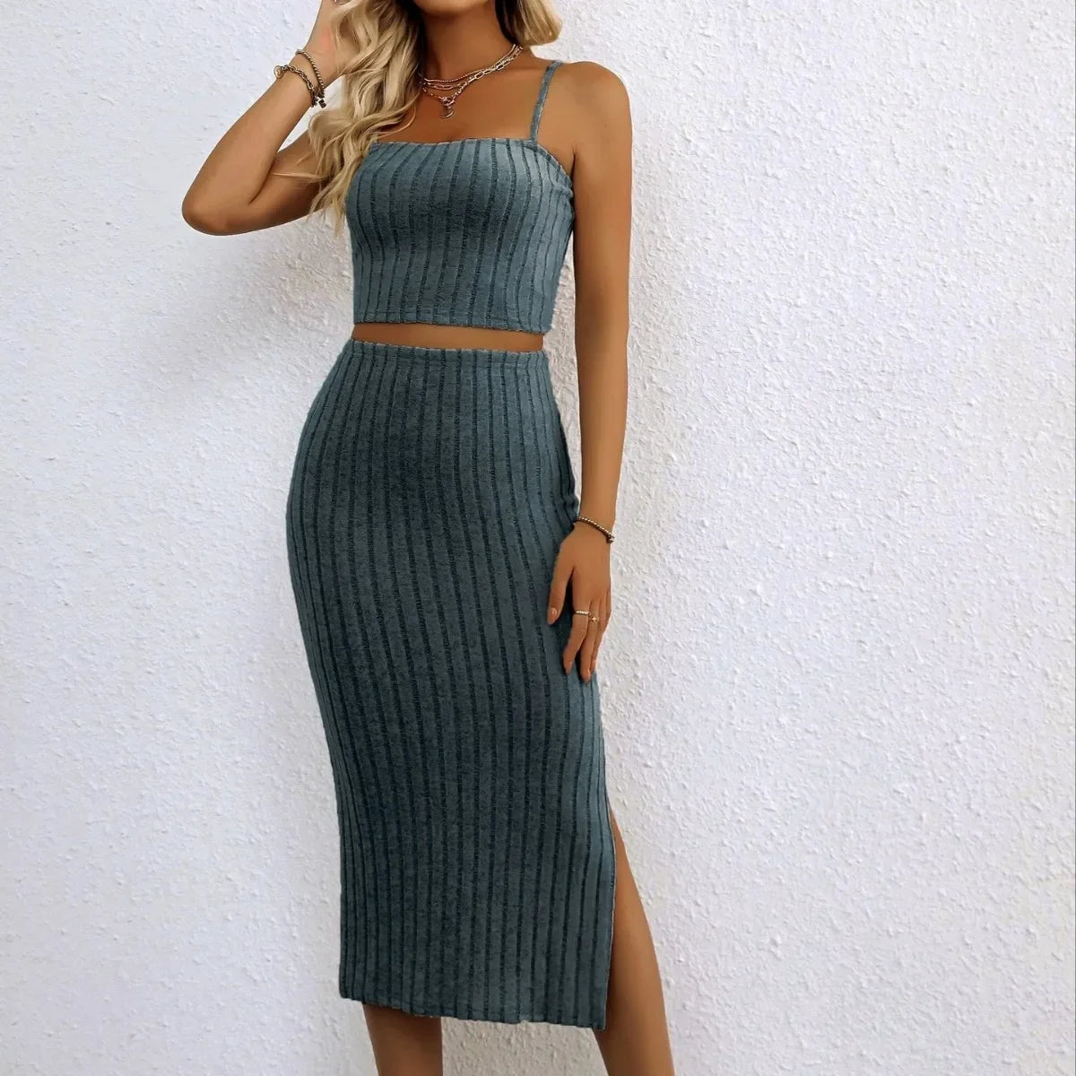 NEW Arrivals S-2XL 4 Colors Fashionable Knitted Wrap Dress And Crop Top Set Women's Casual Spring Outfit Suits Comfortable Breathable Home Clothes