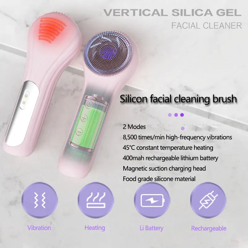 Silicon Sonic Facial Cleansing Brush For Face Waterproof Electric Vibration Heating Massage Deep Cleaning SPA Bathroom Tool