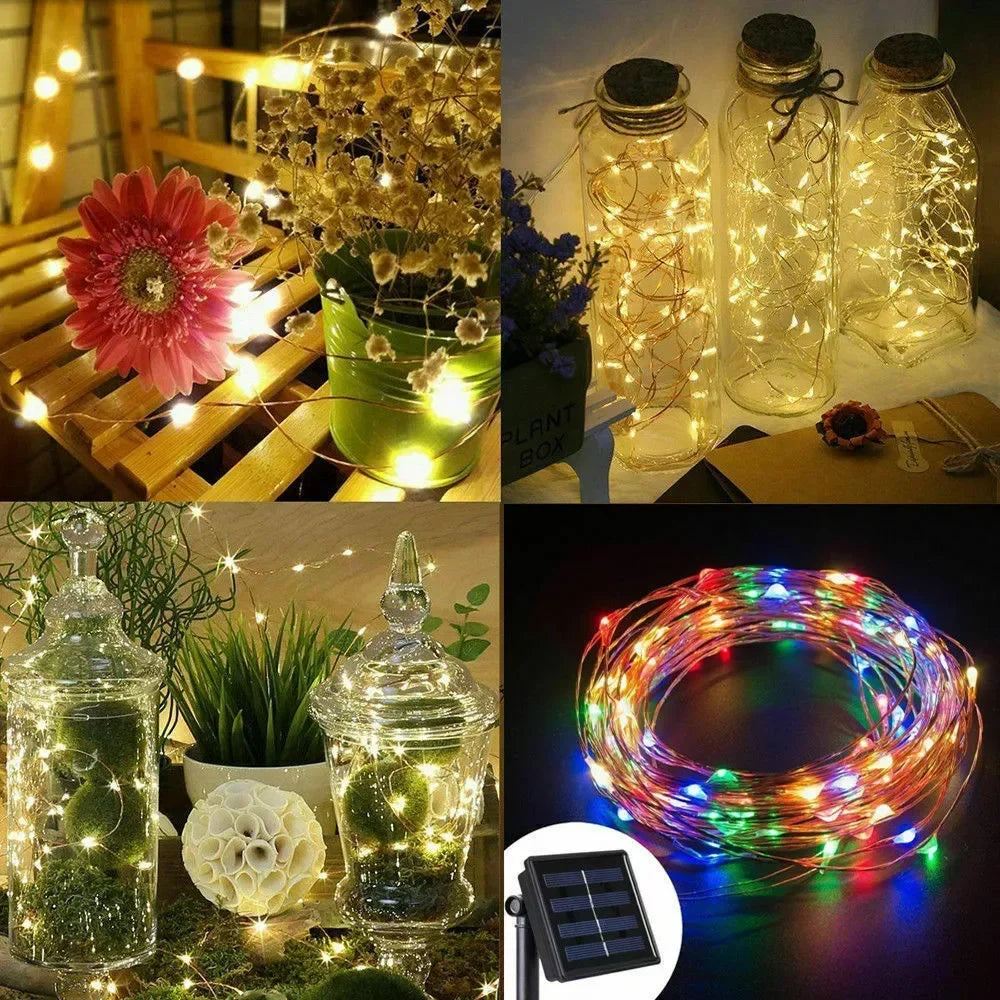 4 PCS Set 22m-200LEDS Outdoor Solar String Light LED Fairy Garland Copper Wire Light Garden Yard Party Christmas Decoration Lamp 8 Mode