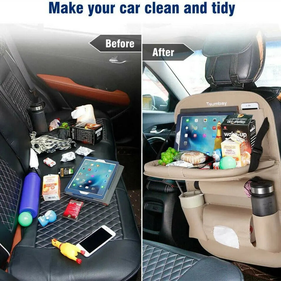 NEW!!!! Car Seat Back Organizer with Foldable Table Tray PU Leather Storage Organizer with Pockets Kick Mats Seat Interior Accessories