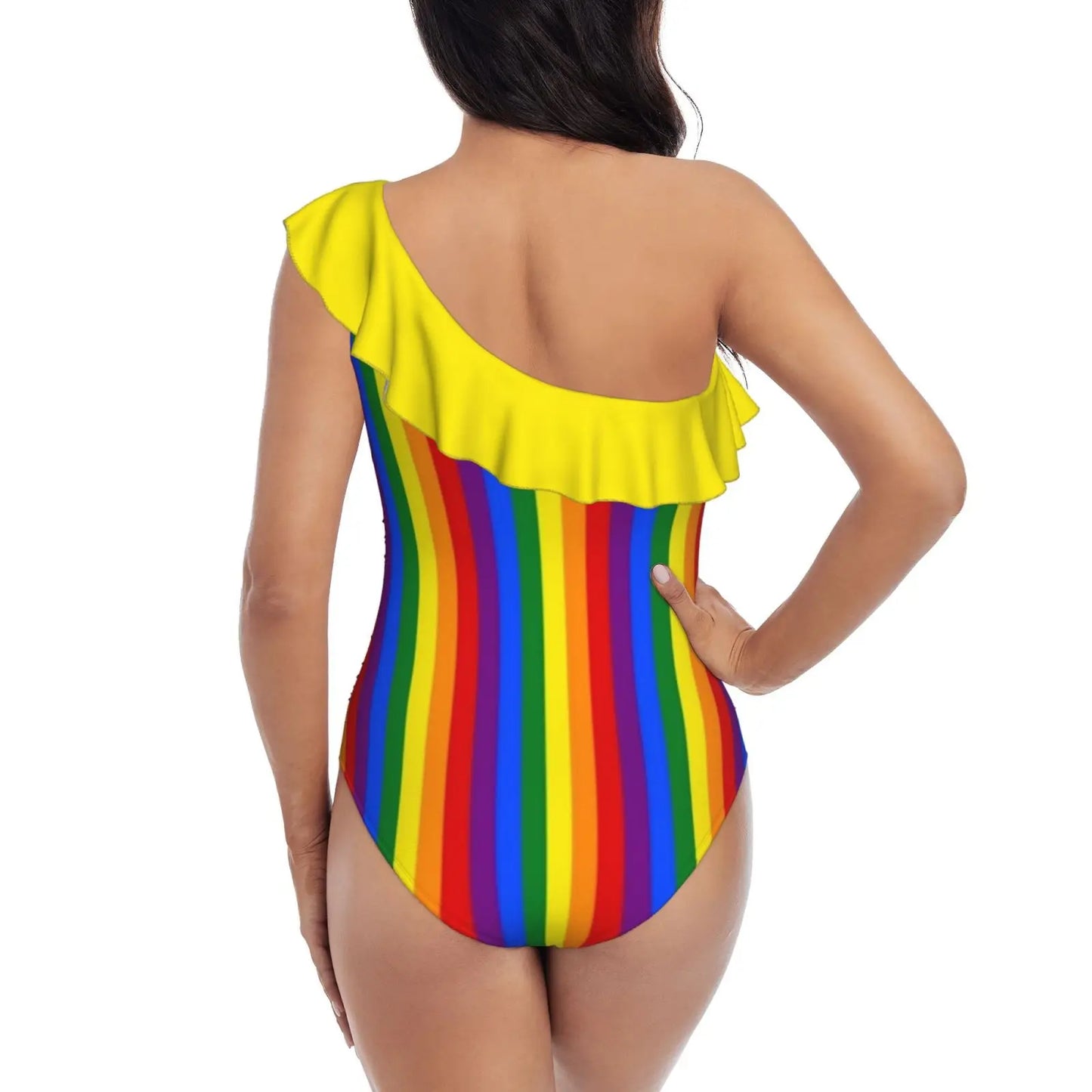 Mini Vertical Pride Rainbow Beach Stripes One Shoulder Ruffle Swimsuits Bodysuit One Piece Swimwear Women New Female Beach