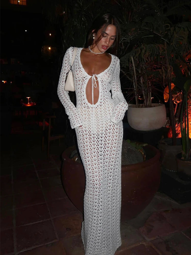 NEW Handmade Sexy Cut Out Beachwear Swimsuit Cover Up  Women Summer Autumn Boho White Knit Long Sleeve V Neck Tie Beach Maxi Dress A2970