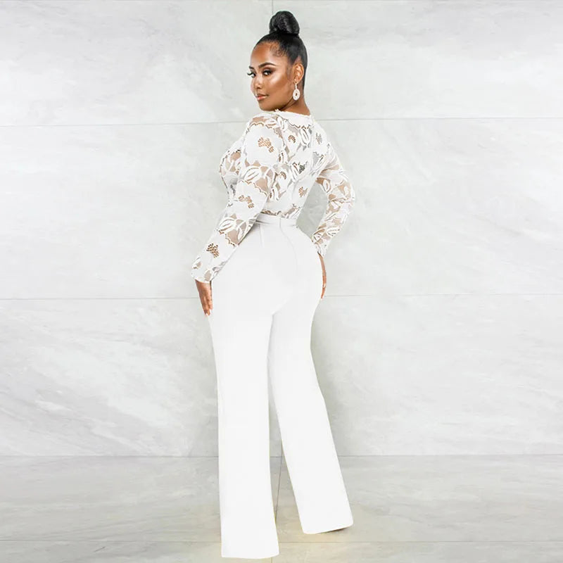 Fashion Casual Women Lace See through V Neck Jumpsuit Long Sleeve  Wide Leg Pants with Belt Rompers Overalls Casual Streetwear