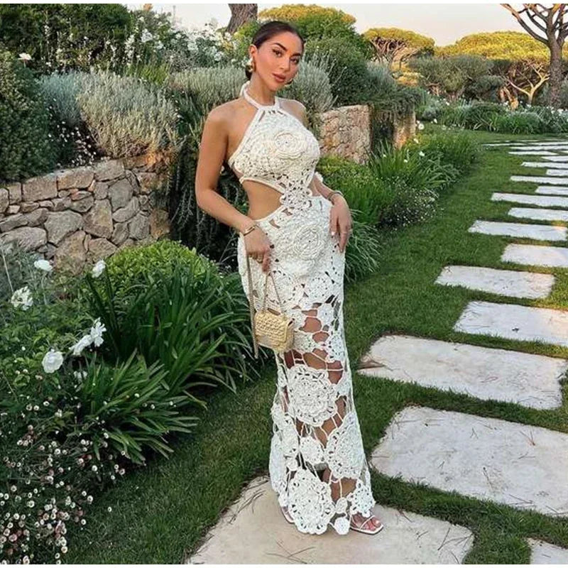 NEW Arrivals S(8) -XL(16-18) UK Size Sexy Handmade Crochet Floral Hollow Out Long Dress Women Halter Backless Lace Up Female Evening Beach Party Dresses Summer Lady Holiday Party Maxi Gown