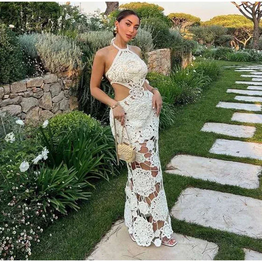 NEW Arrivals S(8) -XL(16-18) UK Size Sexy Handmade Crochet Floral Hollow Out Long Dress Women Halter Backless Lace Up Female Evening Beach Party Dresses Summer Lady Holiday Party Maxi Gown
