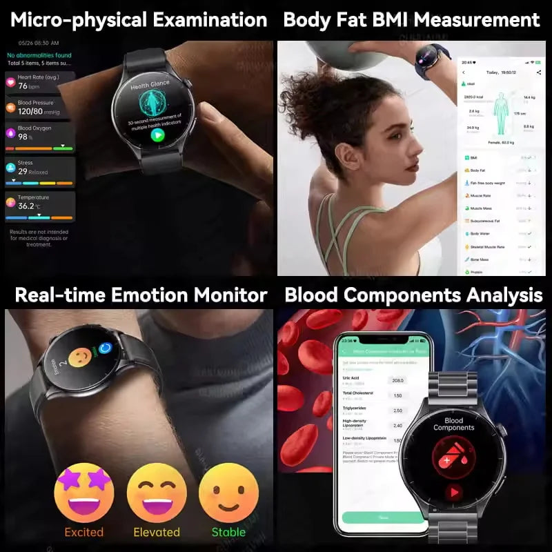 New 1.56 "HD Screen Sapphire Glass Non-Invasive Health Monitoring Smart Watch Laser Measure Blood Fat Uric Acid ECG Smart Watch Women Men Sports Health Care Supplies