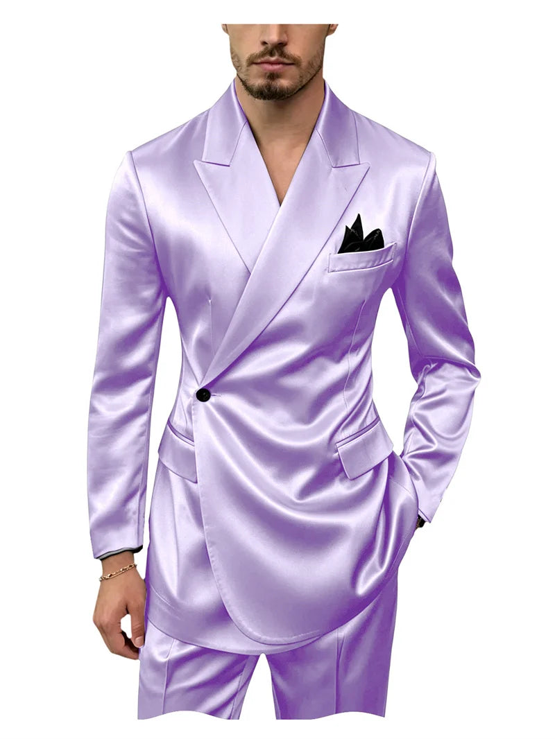 8 Colors 2 PCS Set S-7XL Extra Plus Size Men's Luxury Satin Suit Asymmetrical Wrap Peak Lapel Silk Suit One Button Slim Fit Blazer Pants Wedding Celebrity Red Carpet Business Formal Evening Luxury Outfit