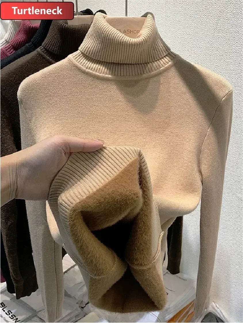 NEW Arrivals Sweater For Women Winter Thicken Turtleneck Slim Knit Pullover New Warm Plush Velvet Lined Knitwear Jumper Tops Casual Female Girls Luxury Fashion Clothing Supplies
