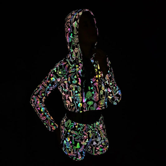 NEW Arrivals Spring Autumn Women Colorful Reflective Pullover Hoodies Y2K Harajuku Mushroom Printed Long Sleeve Crop Tops Night Clubwear Rave Party Costume