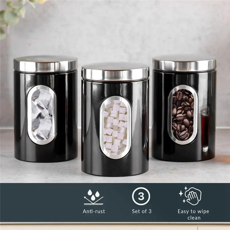 AB46-3 PCS Set Kitchen Canister Set With Secure Lids & Viewing Window Black Suitable For Sugar, Tea, Coffee, -Multi Food Storage Jar Kitchenware  Accessories Cooking Preparing Tools