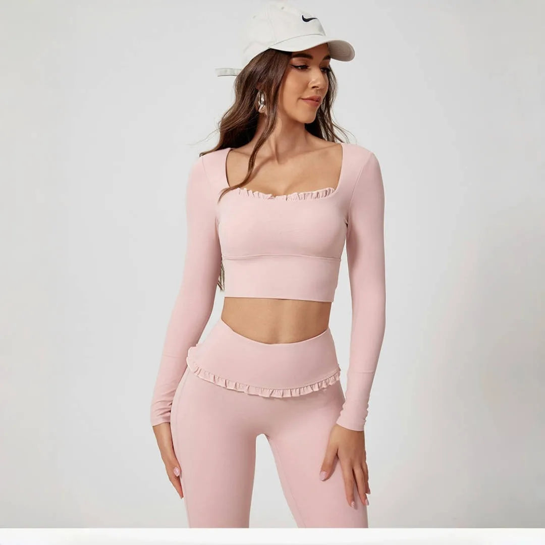 2PCS Set S-XL 6 Colors Naked Square Neck Yoga Set Sports Fitness High Waist Nude Quick-drying Long-sleeved Outdoor Running Workout Clothes Gym Suit