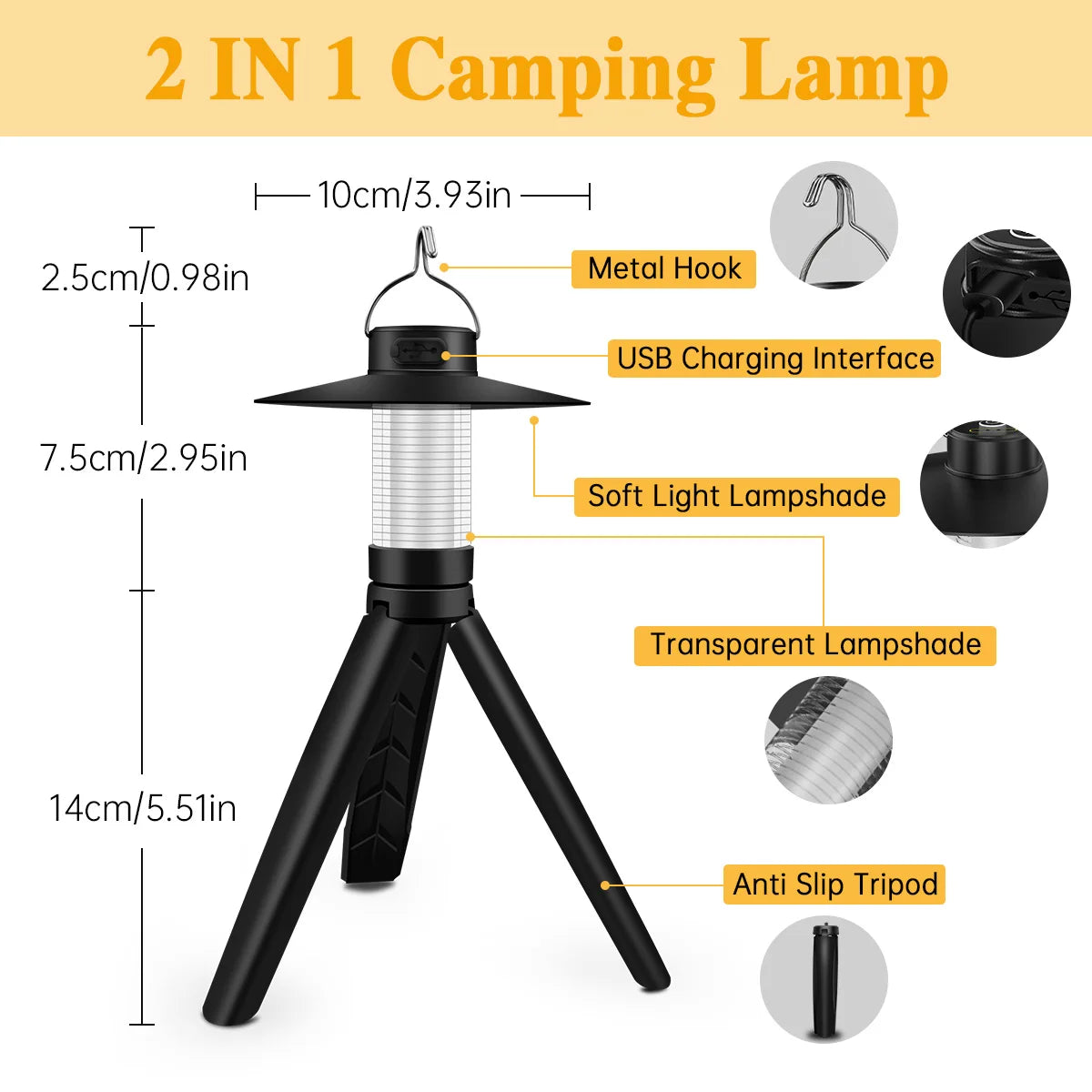 Hanging Tent Light USB Charging 4 Lighting Modes LED Emergency Lamp High Brightness with Tripod Magnetic Camping Lantern