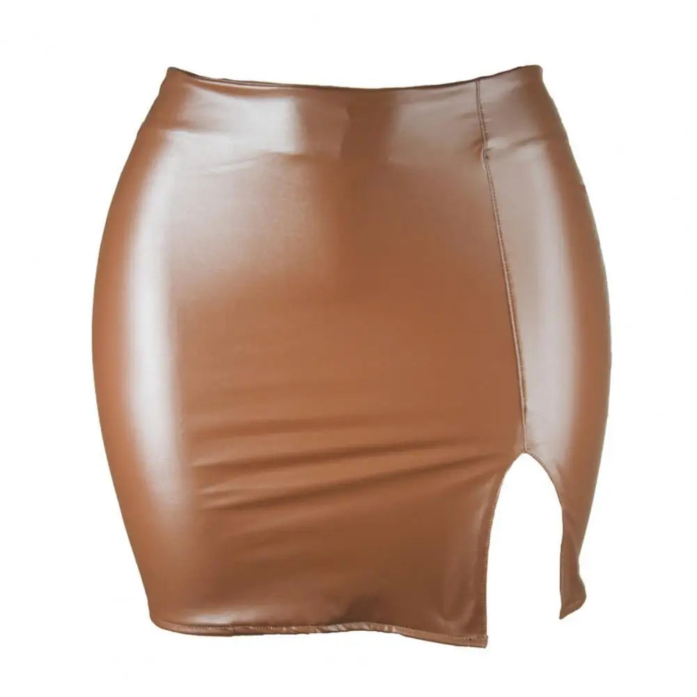 Women Italian Sexy Skirt S-2XL UK Plus Size 9 Solid Colors Hidden Zipper Mini Skirt PU Leather High Waist Split Skinny Skirt Female Streetwear Women's Clothing
