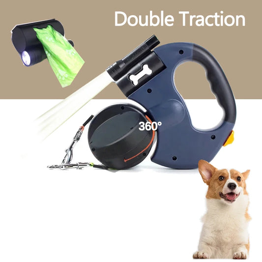 4in1 Multifunction Double Traction Dog Leash with LED Light Dog Poop Bag Holder Portable Pet Traction Rope Belt for 2Dog Walking