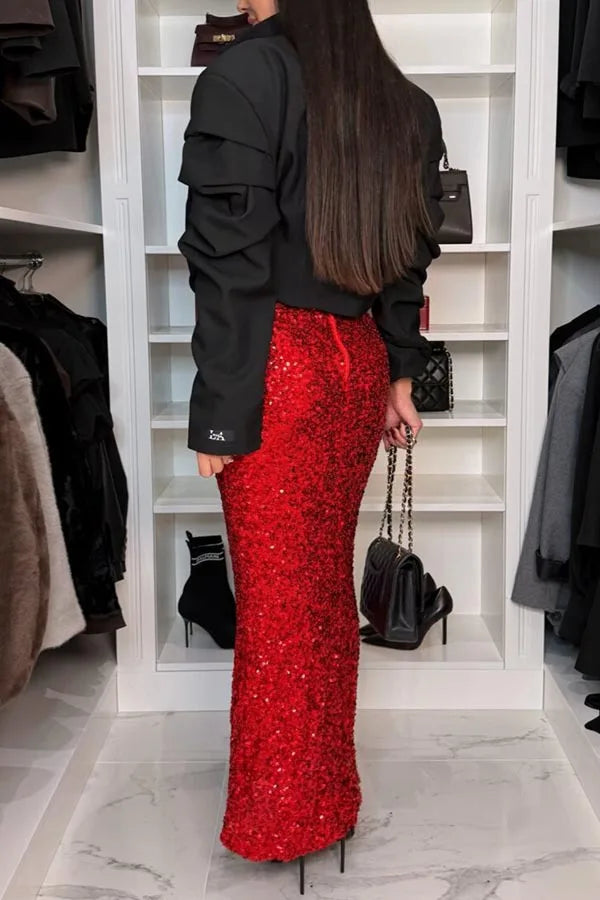 NEW Arrivals Spring Autumn Luxury Glitter Sequin Shiny Skirts For Women Evening Night Club Party Wedding Birthday Elegant High Waist Slim A-Line Long Skirt Sexy Formal Ladies Skirts