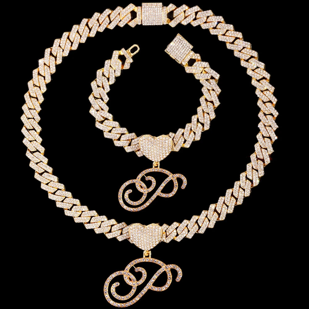2 PCS Set New Fashion A-Z Initial Cursive Letter Luxury Rhinestones Pendant Cuban Necklace for Women Iced Out Cuban Link Chain Necklace Set Jewelry