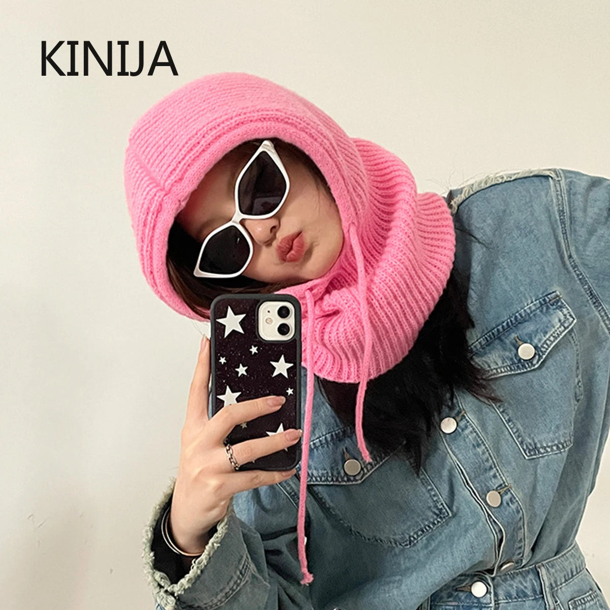 Women Knitted Balaclava Fashion Fake Collar Shawl Hooded Hat Thick Warm Beanines Winter Hat