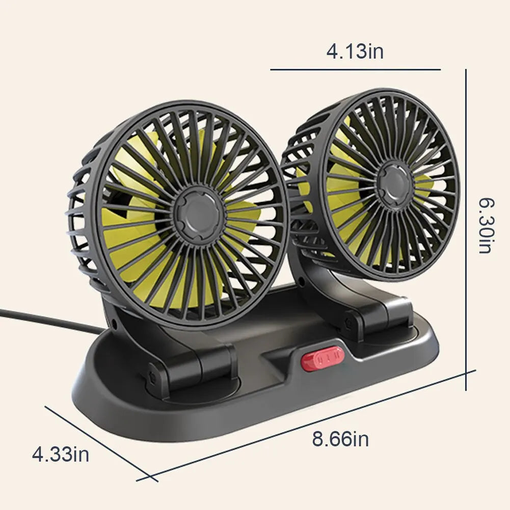 NEW Arrivals Car Cooling Fan 360° Adjustable Dual Head Cooling Air Fan Brushless Motor Low Noise Automobile Vehicle Fan Micro USB for Car Use Car Accessories