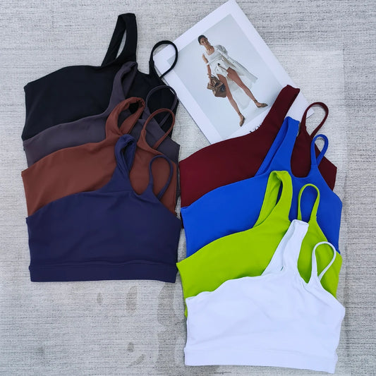 10 Colors S-XL Size High Stretch Comfy One-Shoulder Sports Asymmetrical  Bra Underwear Women Bralette Fitness Gym Top Women Yoga Pilates Bra Running Workout Yoga Clothing