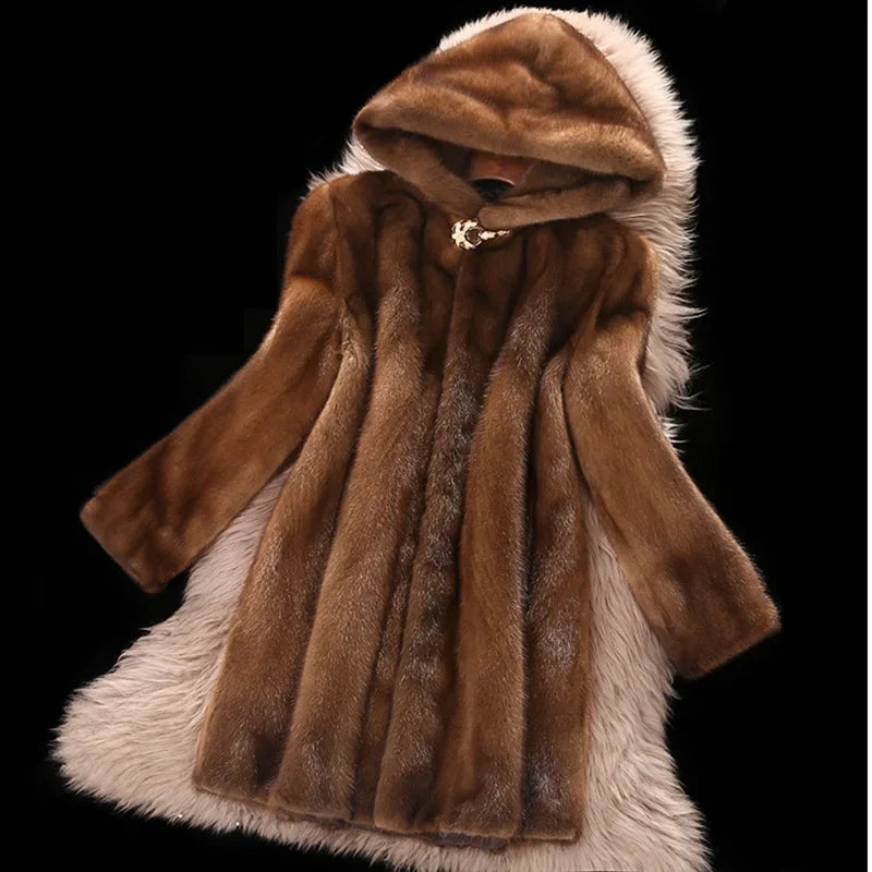 S-9XL Plus Size Hooded Long Faux Fur Coat Women Autumn Winter Large Jacket Overcoat Turn Down Collar Thick Coat Warm Jackets Maxi Coats