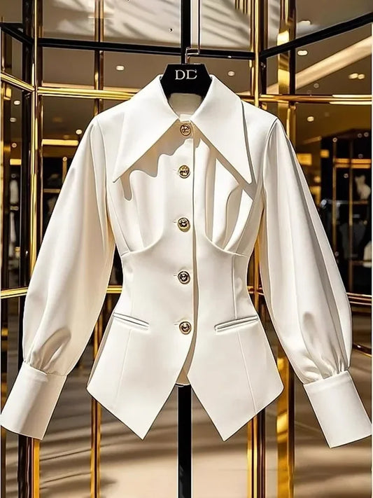 NEW Arrivals France Design Long Pointed Collar Puff Sleeve UK Size Shirts Jacket Slim Waist-Cinching Blouse Button Up White Shirt Formal Office Lady Business Dinner Shirt Ladies Luxury Fashion Apparel Accessories