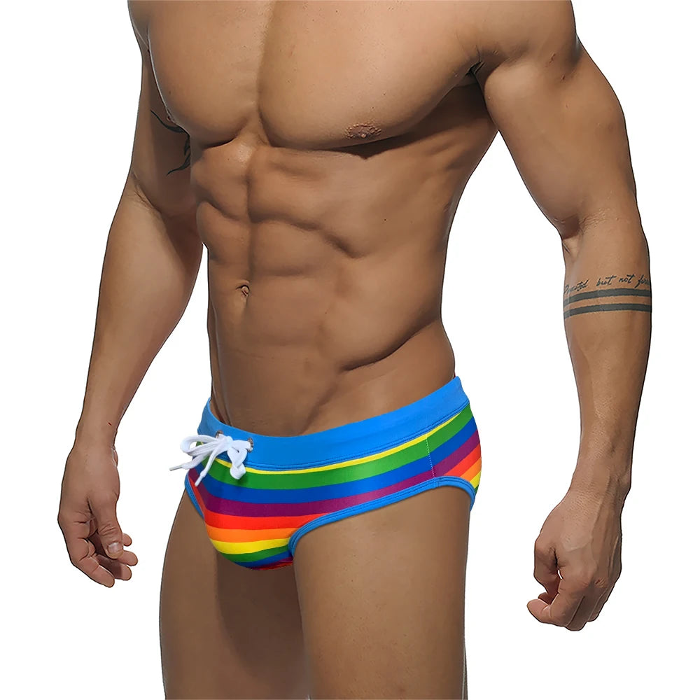 Sexy Low Waist Men Swimwear Rainbow Striped Swim Briefs Summer Europe America Fashion Nylon Pad Push Up Bikini Bathing Suit