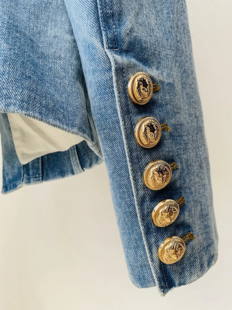 Newest  Designer Jacket Women's Slim Fitting Double Breasted Lion Buttons Denim Blazer