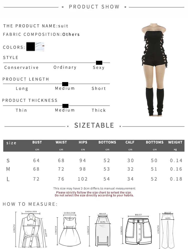 2 PCS Set Black and White Color Hollow Women Tassel Bandage Low-Neck Sleeveless Backless Playsuits + Simple Leg Sleeve Midnight Clubwear Summer Evening Rave Beach Party Sexy Suit
