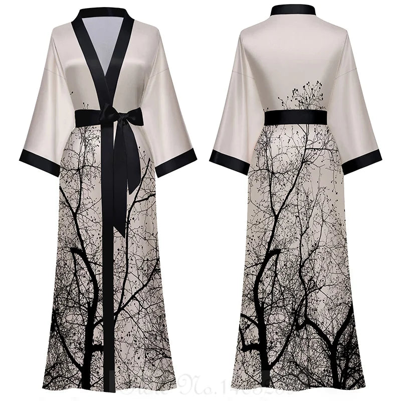NEW Luxury Japanese Silk Elegant Flower Women Long Robe Loungewear Silky Satin Kimono Bathrobe Gown Spring Autumn New Sleepwear Home Dress Negligee