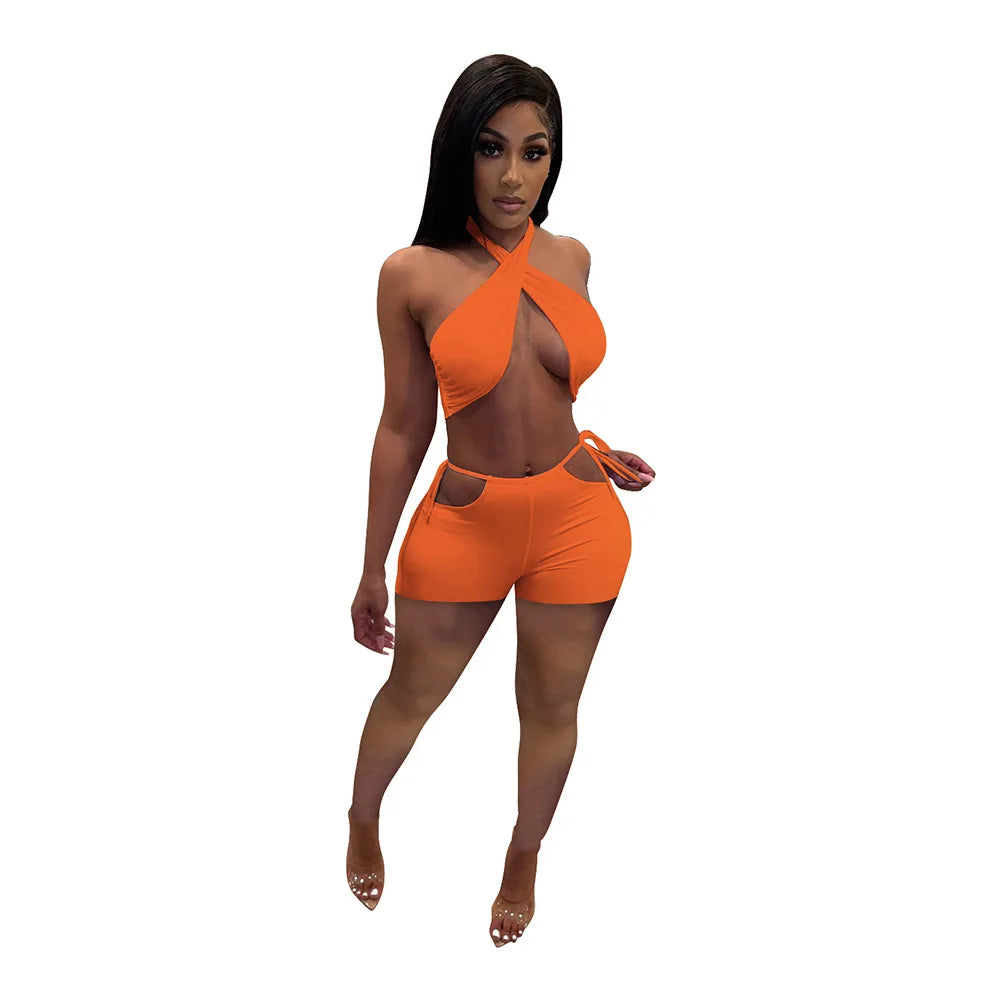 NEW Arrivals 2PCS Set 9 Colors Women Sexy Ruched Bandage Criss Cross Solid Hot Women Spring Summer Backless Evening Beach Party Night Club Crop Top and Shorts Matching Set
