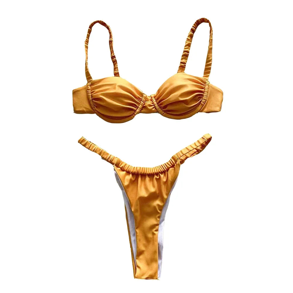Sexy Gold Yellow Push Up Swimsuit Micro Thong Bikini Women Swimwear Underwired Bathing Swimming Suit Biquinis Bikinis Set