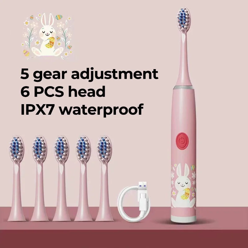 Sonic Children Electric Toothbrush + 6 Heads Full Set Rechargeable Colorful Cartoon Brush For Kids Automatic IPX7 Waterproof With Replacement Head Children Oral Hygiene Supplies