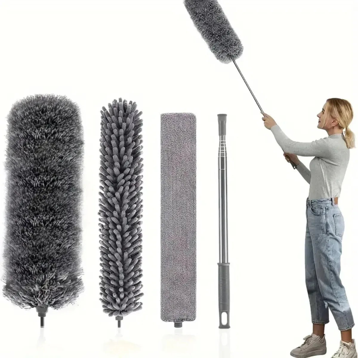 5 PCS Set Microfiber Duster Kit with Extension Pole Retractable for Ceilings Fans Blinds Car Furniture Cobweb Cleaning Household Duster Home Office Cleaning Supplies