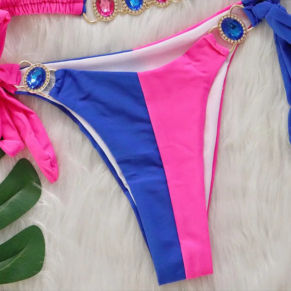 Rhinestone Women Bikinis Crystal Colorful Diamond Bikini Set Halter Bandage Lace-up Swimwear Female Luxury Swimming Suit