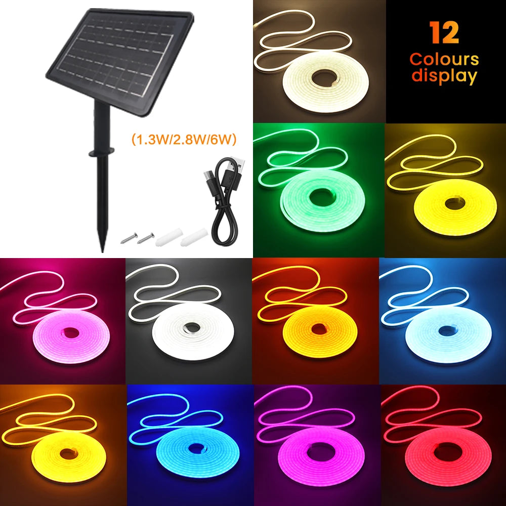 NEW 10M DC24V Solar LED Neon Strip Light Waterproof Warm White Blue Red Pink 6x12mm 2835 120LEDs/m Flexible Neon Rope Light Garden Decor
