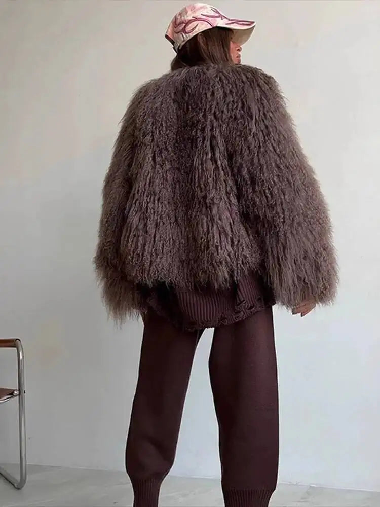 S-XL UK Size 4 Colors Fashion Brown Faux Fur Coat Women's Round Neck Loose Long Sleeves Thick Plush Short Jacket Winter New 7A1041