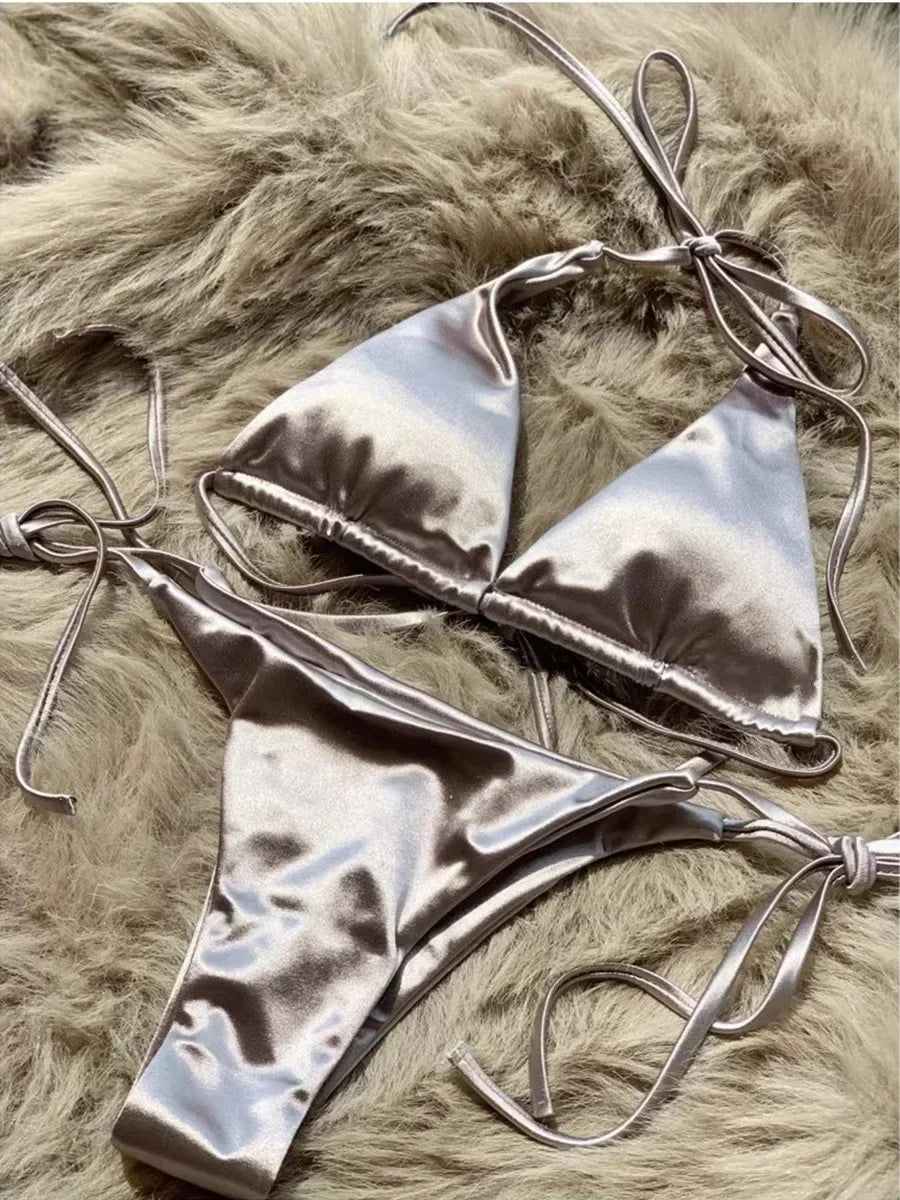 18 Colors UK Size Halter Brazilian Metallic Satin Bikini Women Swimwear Female Swimsuit Two-pieces Bikini Set High Cut Bathing Suit Swim Beachwear